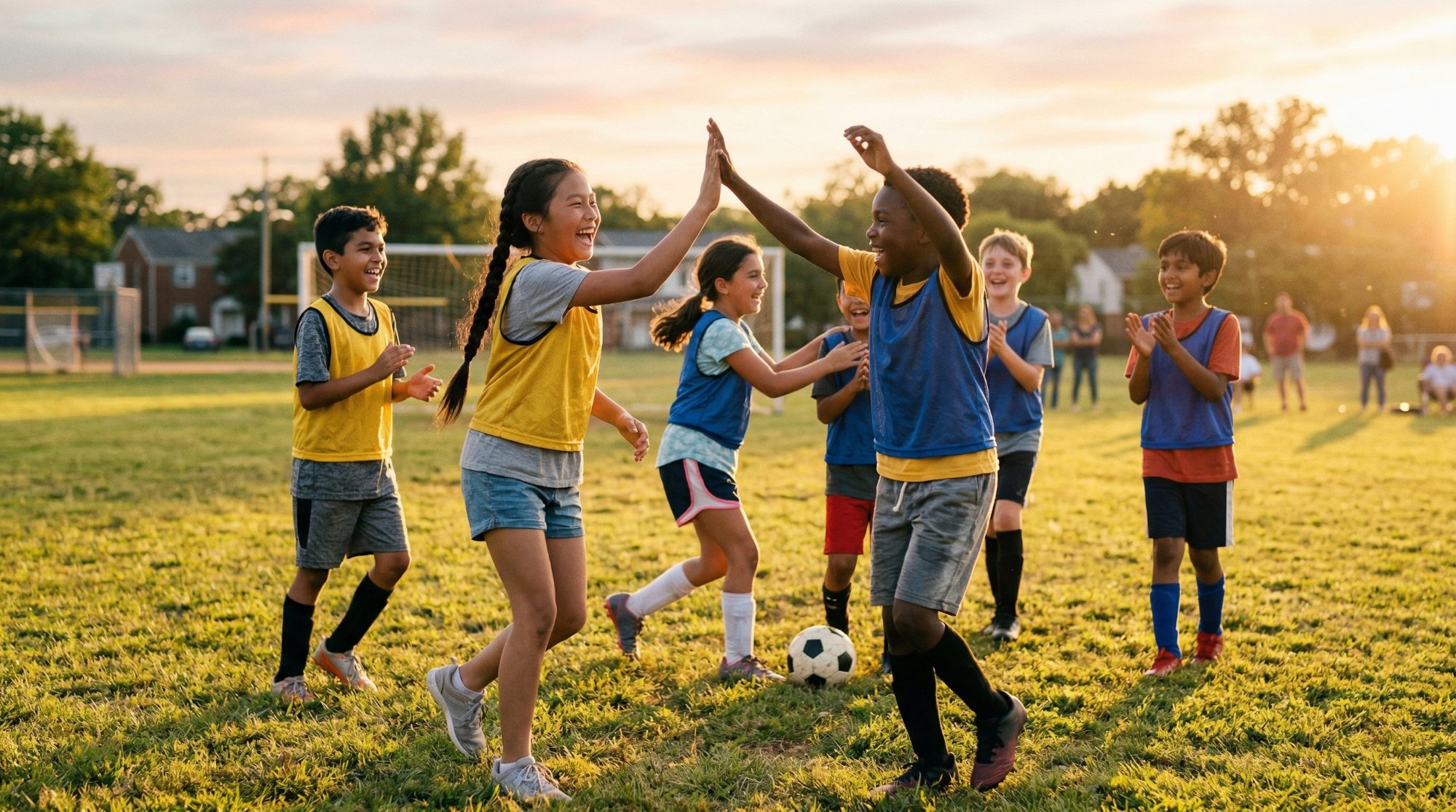 Kids playing soccer and high-fiving at golden hour